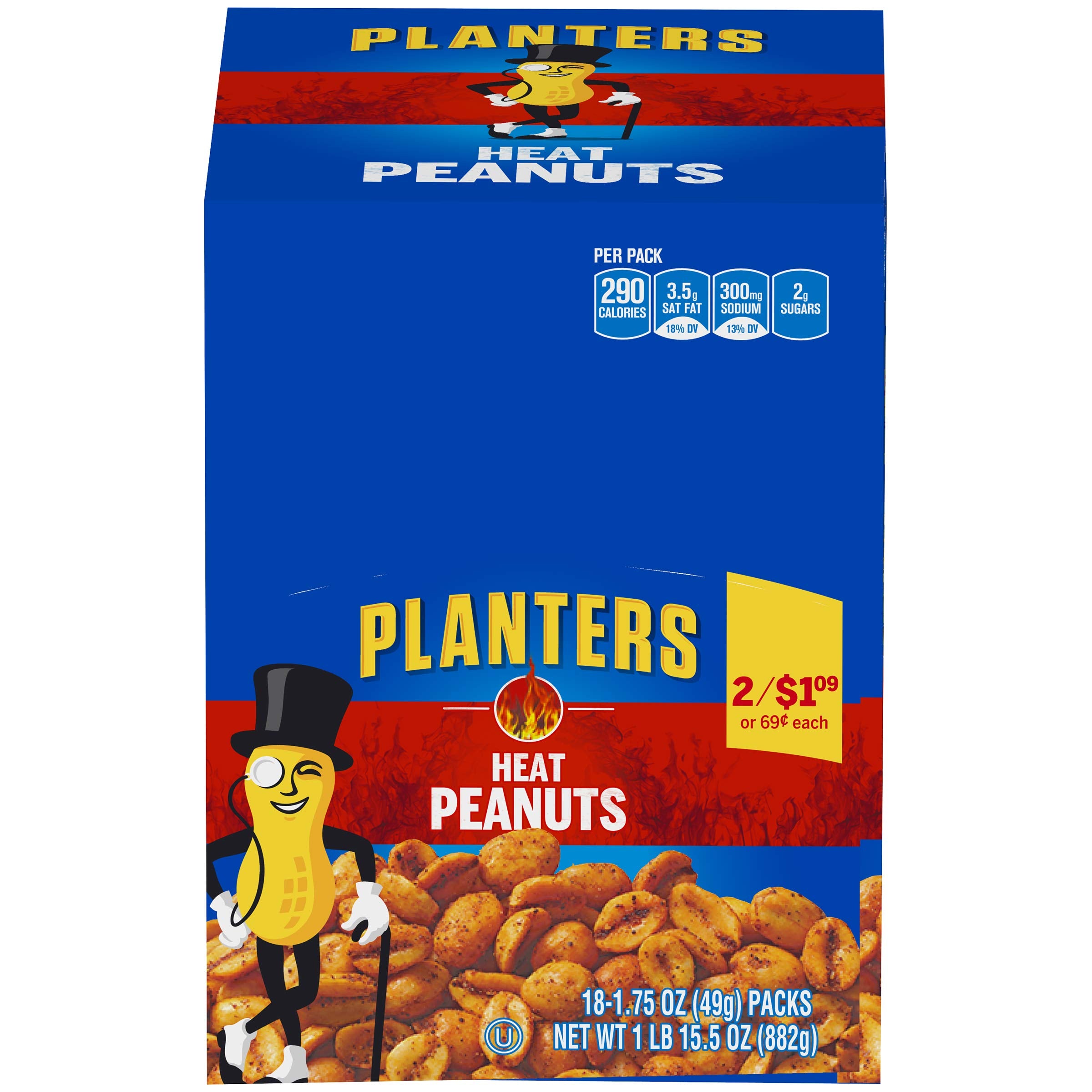 Planters Heat Peanuts box packaging for convenient on-the-go snacking.