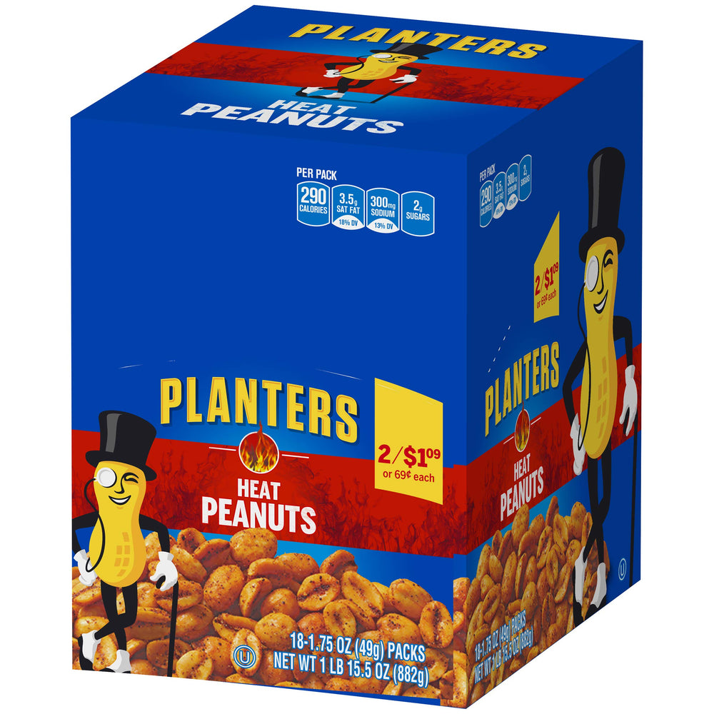 Planters Heat Peanuts 290 calories per bag for compact energy.