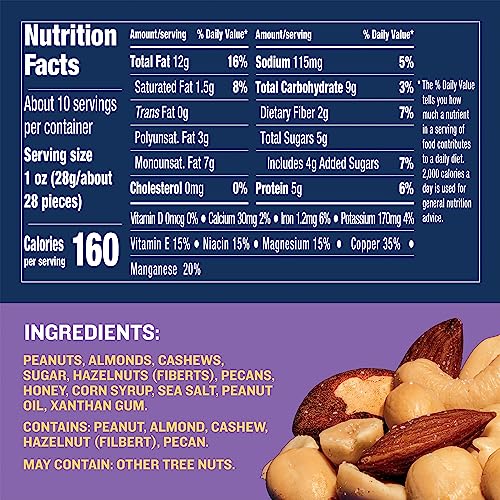 Open Planters Honey Roasted Mixed Nuts canister reveals rich, honey-coated crunch.