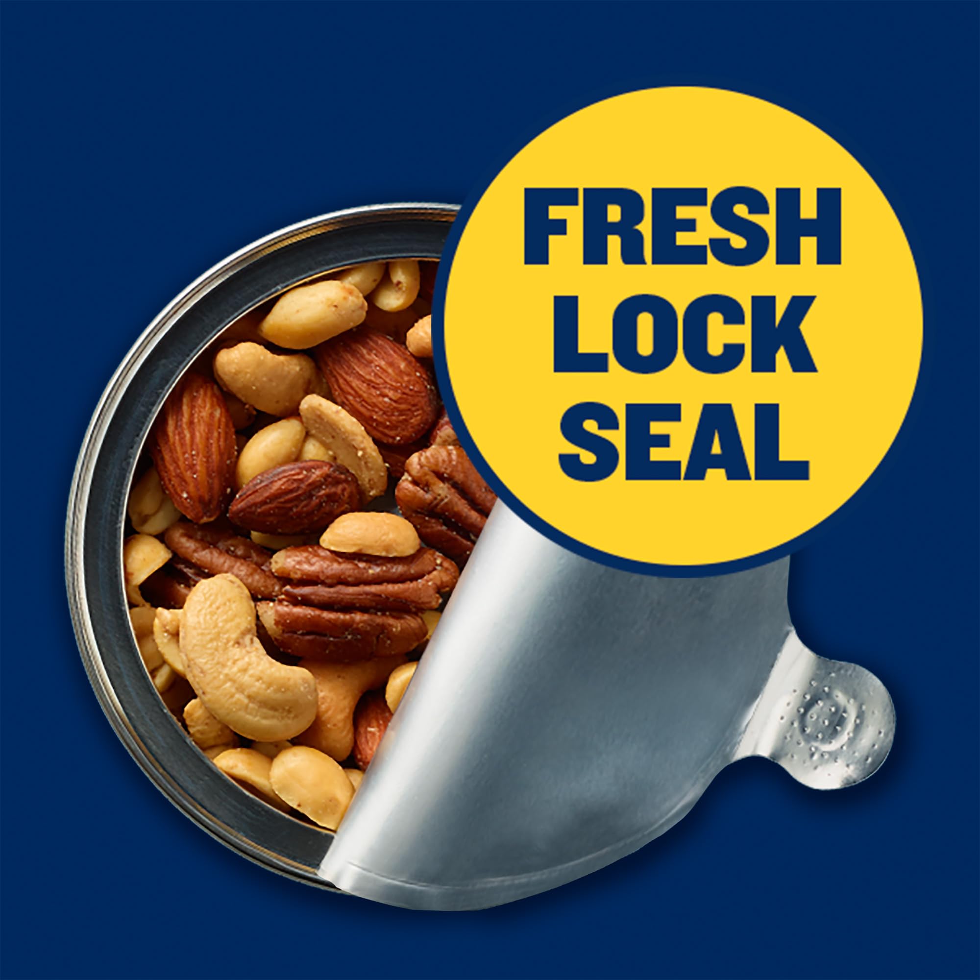 Resealable lid keeps Planters Honey Roasted Mixed Nuts fresh after opening.
