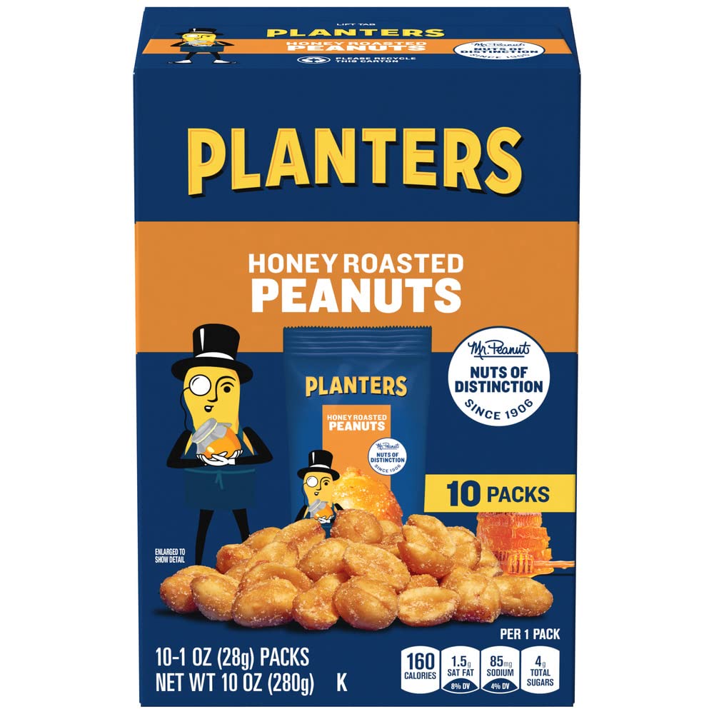 Planters Honey Roasted Peanuts box packaging for easy sharing and on-the-go snacking