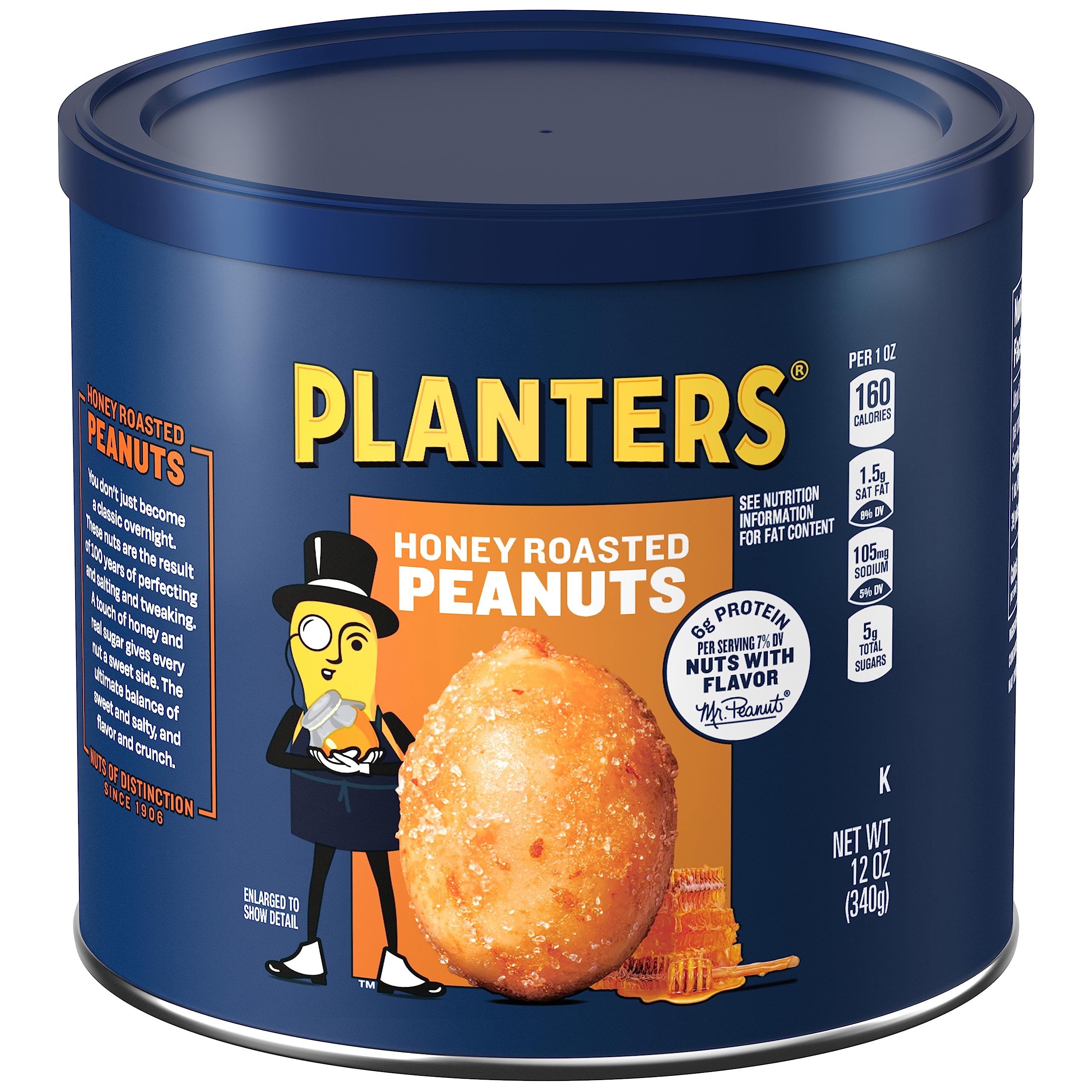 Planters Honey Roasted Peanuts jar front view showing resealable lid for freshness