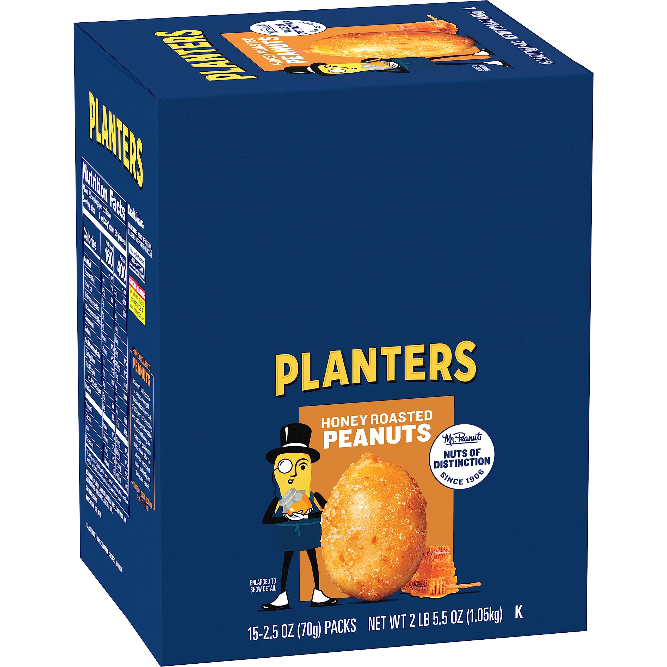 Planters Honey Roasted Peanuts pack image showing convenient 2.5 oz snack bags for on-the-go snacking