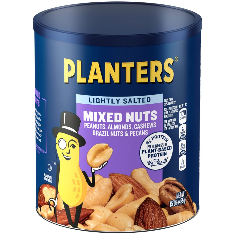 Planters Lightly Salted Mixed Nuts bag close-up shows crunchy texture and nut variety.