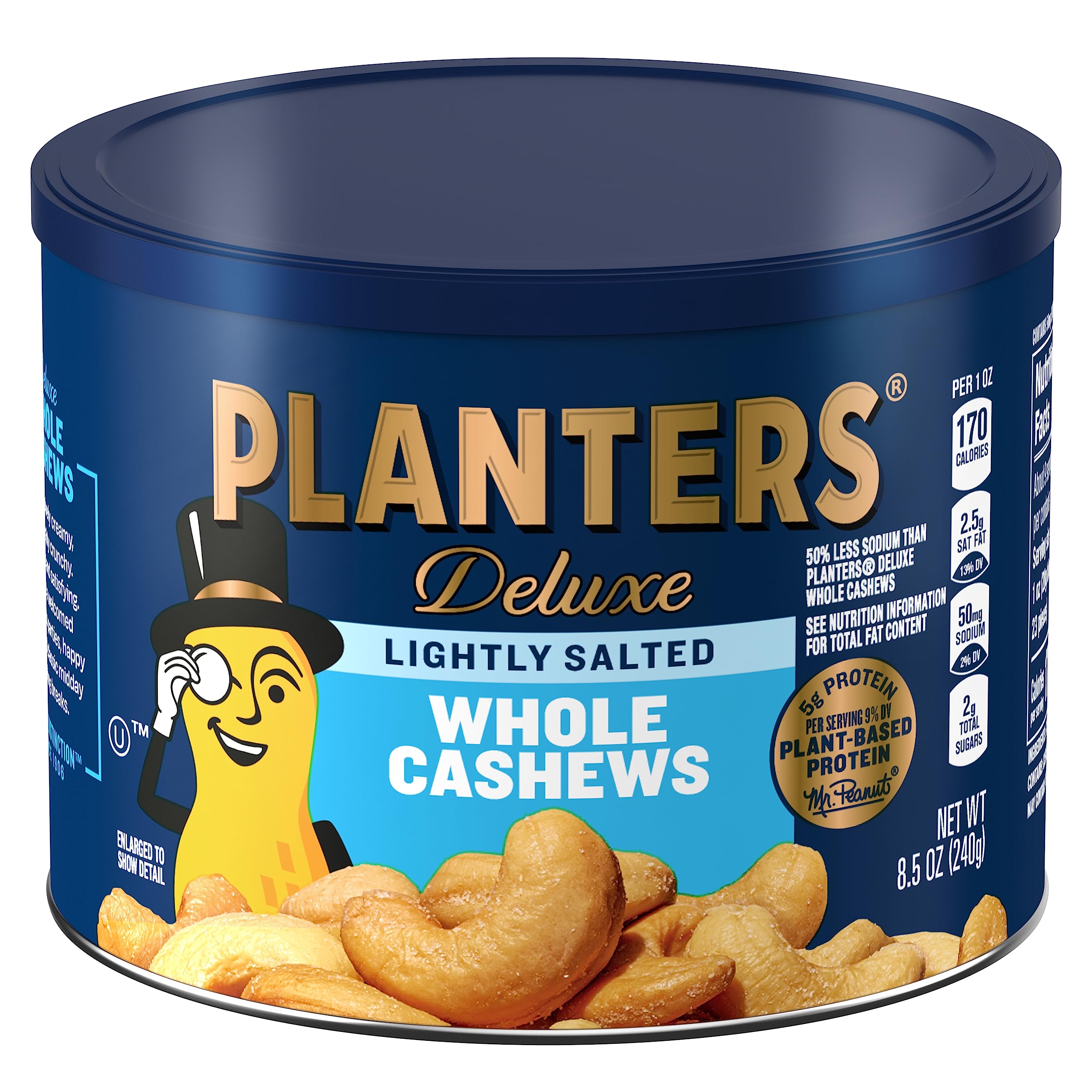 Planters Lightly Salted Whole Cashews in 8.5 oz canister for fresh snacking