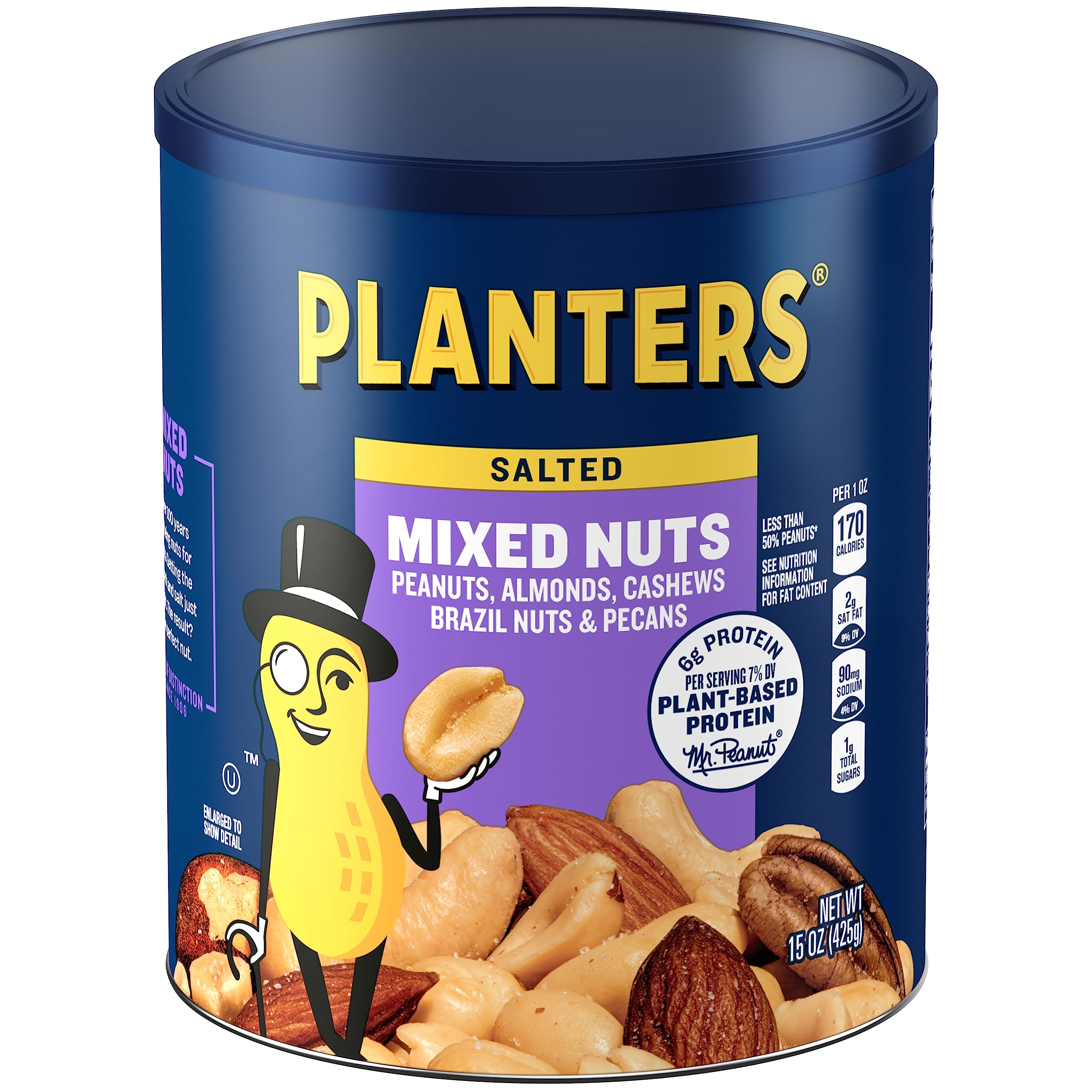 Planters Mixed Nuts 15 oz canister sealed close-up for freshness retention.