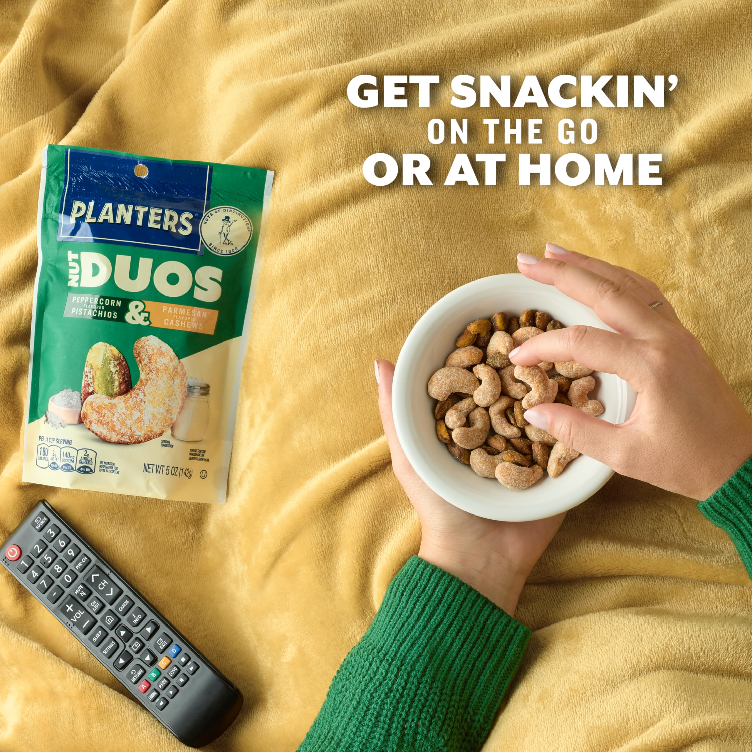 PLANTERS Nut Duos bundle showing Buffalo Cashews with Ranch Almonds alongside Cocoa Cashews with Espresso Hazelnuts.
