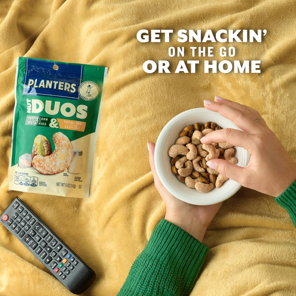 PLANTERS Nut Duos bundle showing Buffalo Cashews with Ranch Almonds alongside Cocoa Cashews with Espresso Hazelnuts.