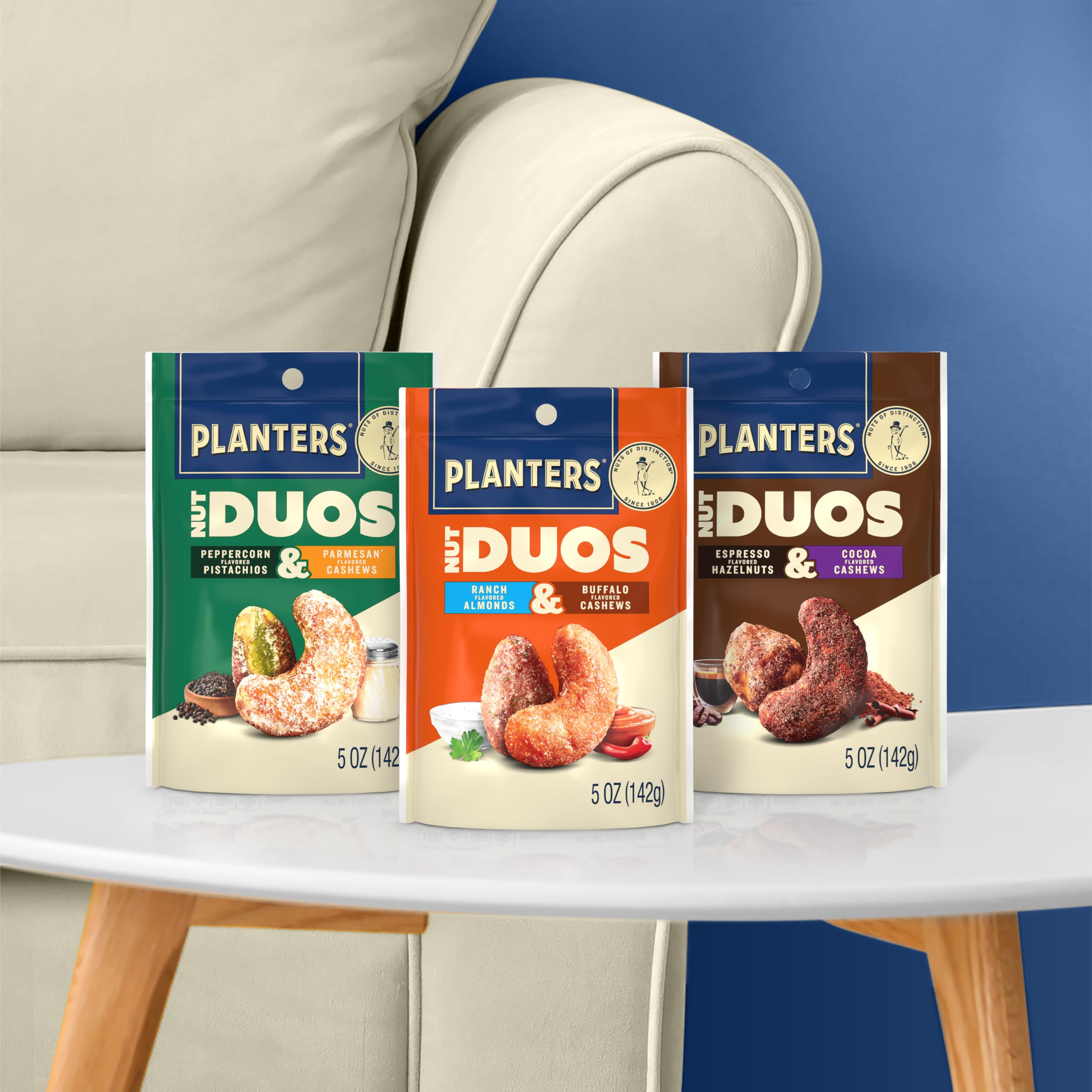 Planters Nut Duos crunchy almonds meet creamy cashews in every bite.