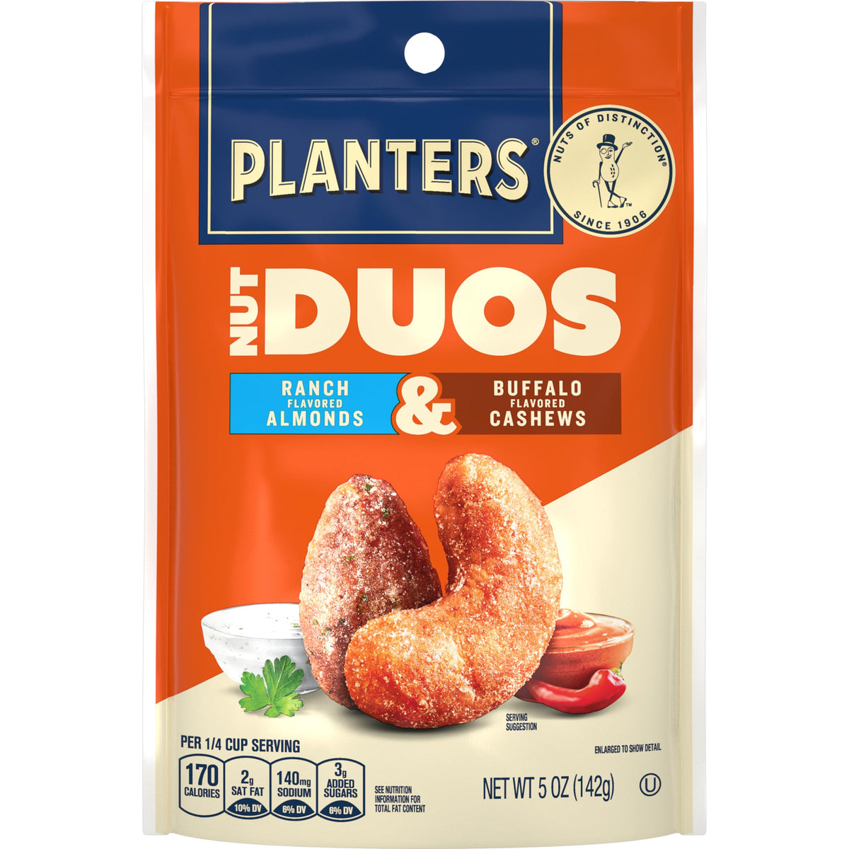 Planters Nut Duos Ranch Almonds Buffalo Cashews 5oz in a bold, portable bag.