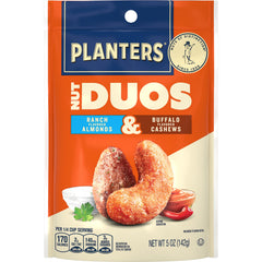 Planters Nut Duos Ranch Almonds Buffalo Cashews 5oz in a bold, portable bag.