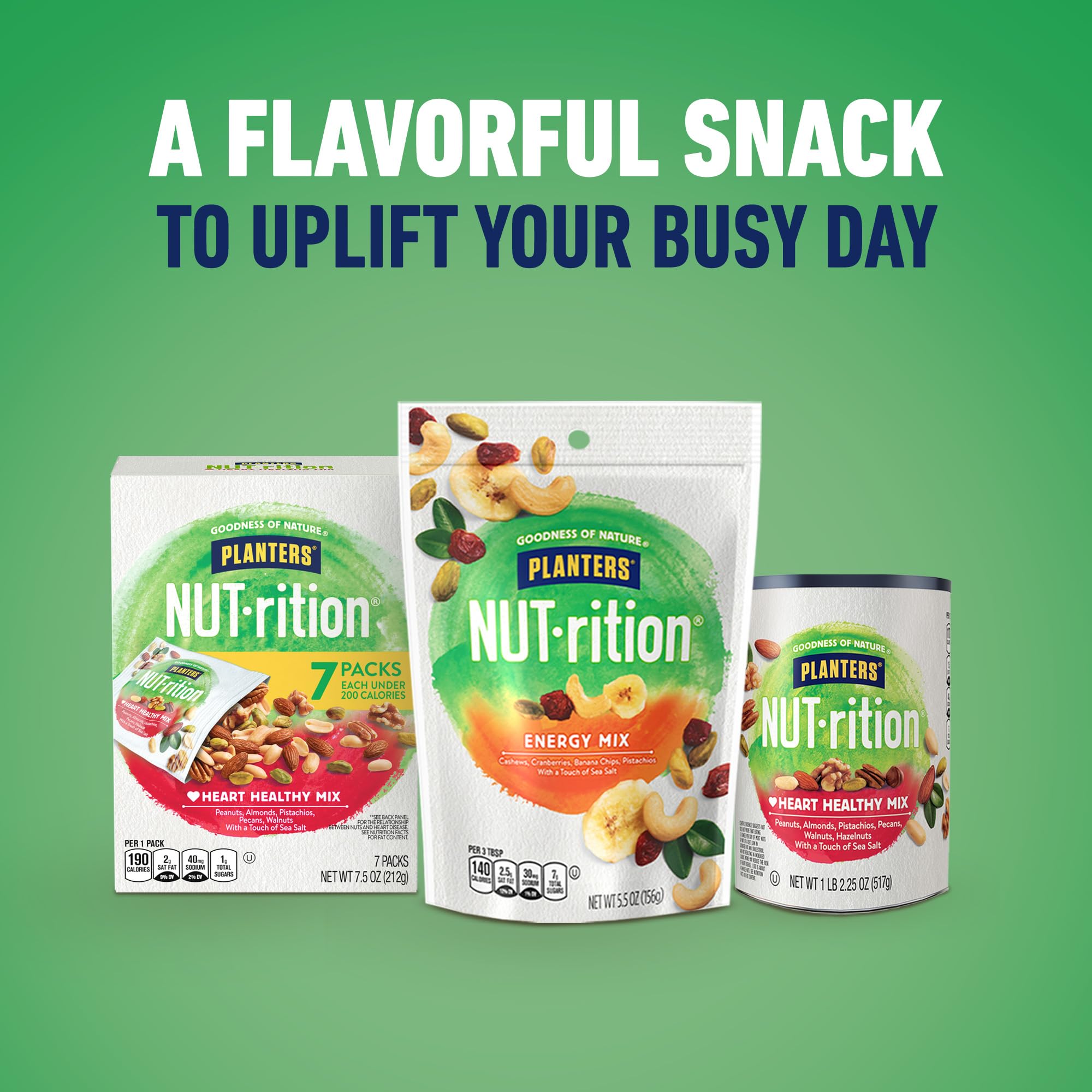 Nutrition info panel highlights protein and fiber in PLANTERS NUT-rition mix