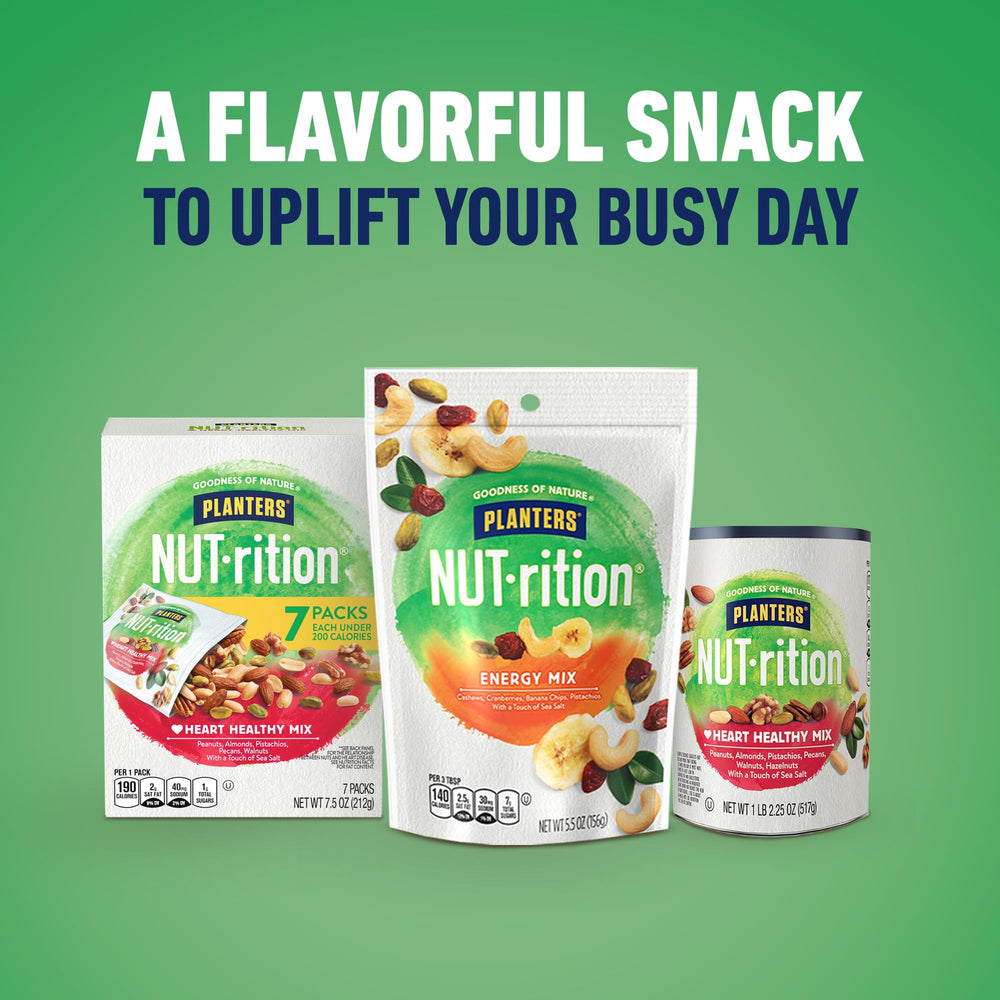 Nutrition info panel highlights protein and fiber in PLANTERS NUT-rition mix