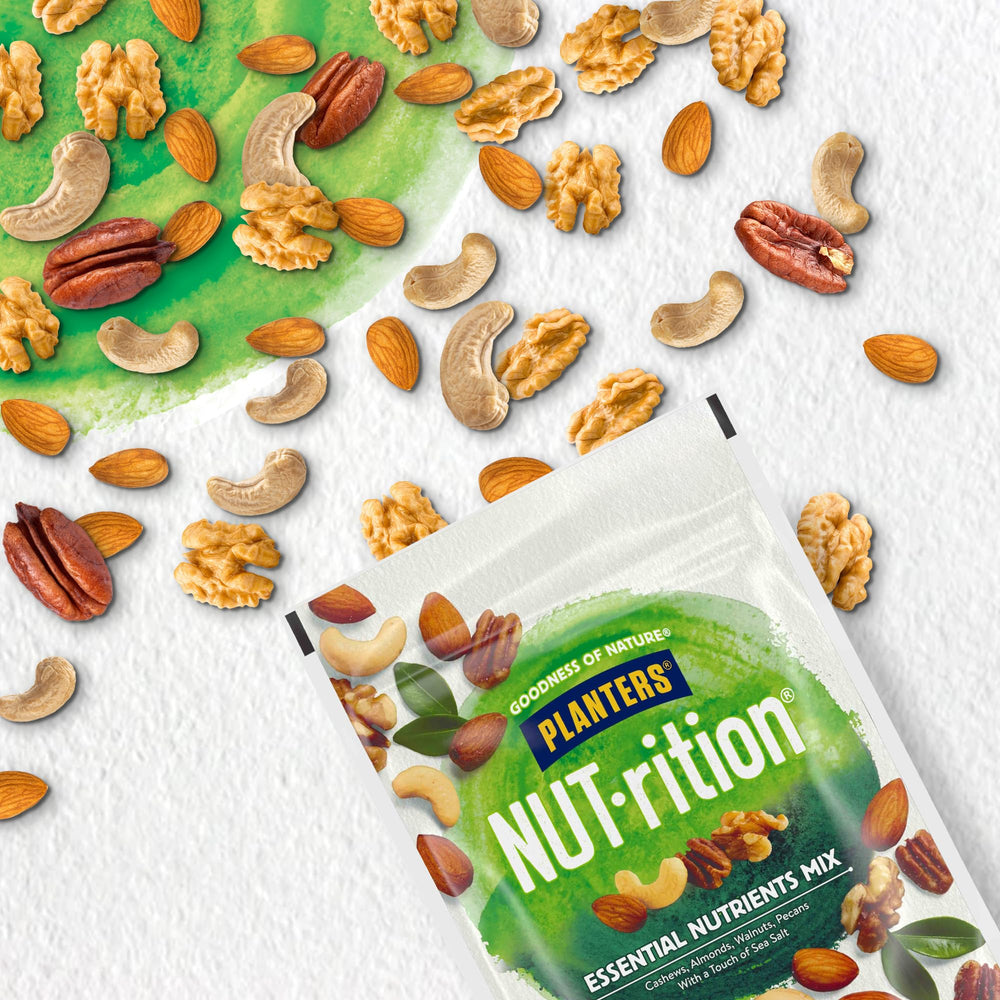 Product display tray featuring seven packs of PLANTERS NUT-rition mix