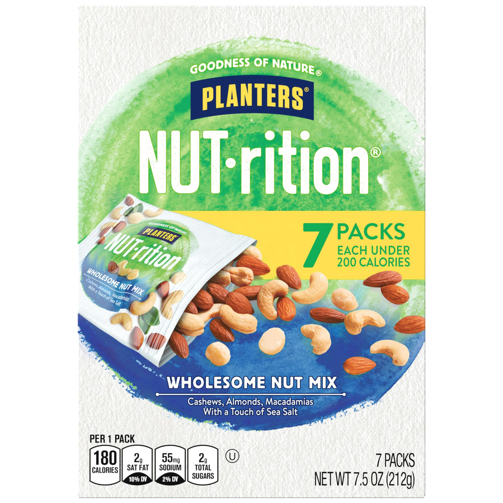 PLANTERS Nut-RITION Nut Mix box front showing seven single-serve pouches for on-the-go snacking.