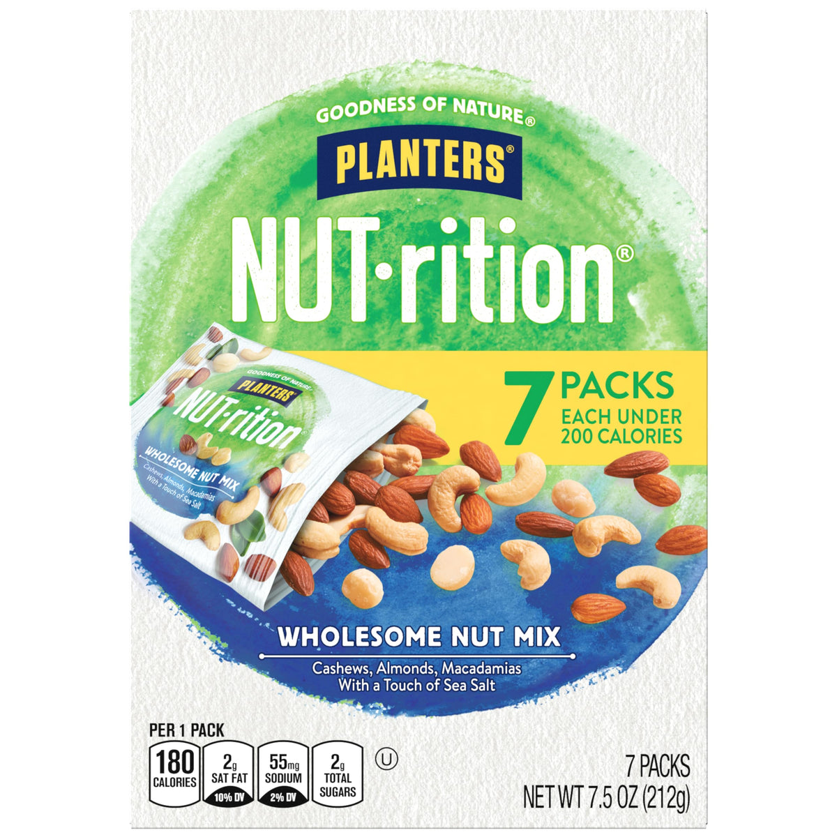 PLANTERS Nut-RITION Nut Mix box front showing seven single-serve pouches for on-the-go snacking.
