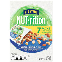 PLANTERS Nut-RITION Nut Mix box front showing seven single-serve pouches for on-the-go snacking.