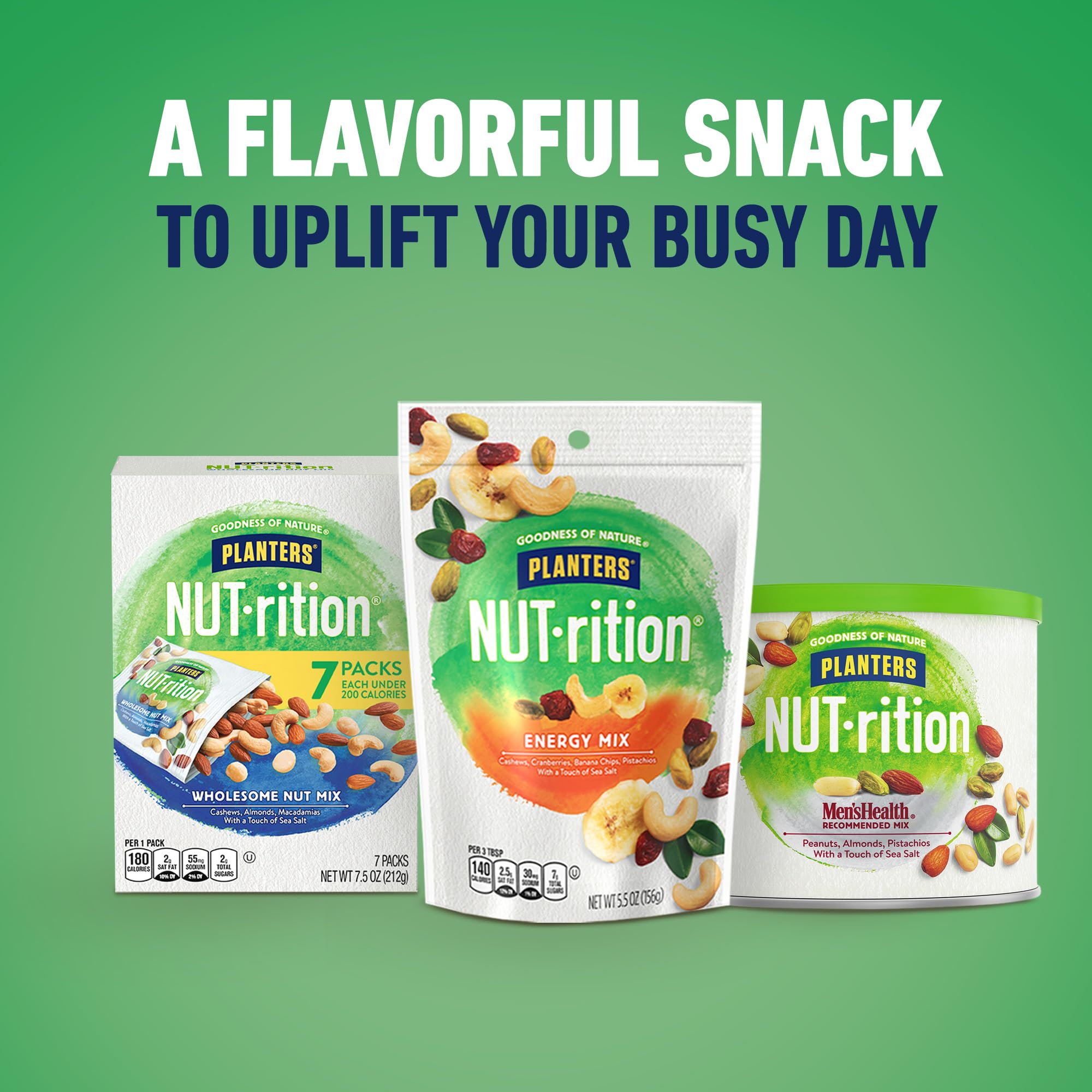 PLANTERS Nut-RITION serving view with seven packs ready for snacking.