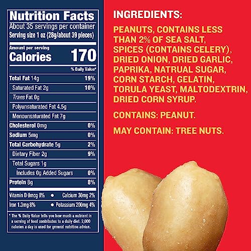 Closeup of dry roasted PLANTERS peanuts highlighting crispy, oil-free texture.