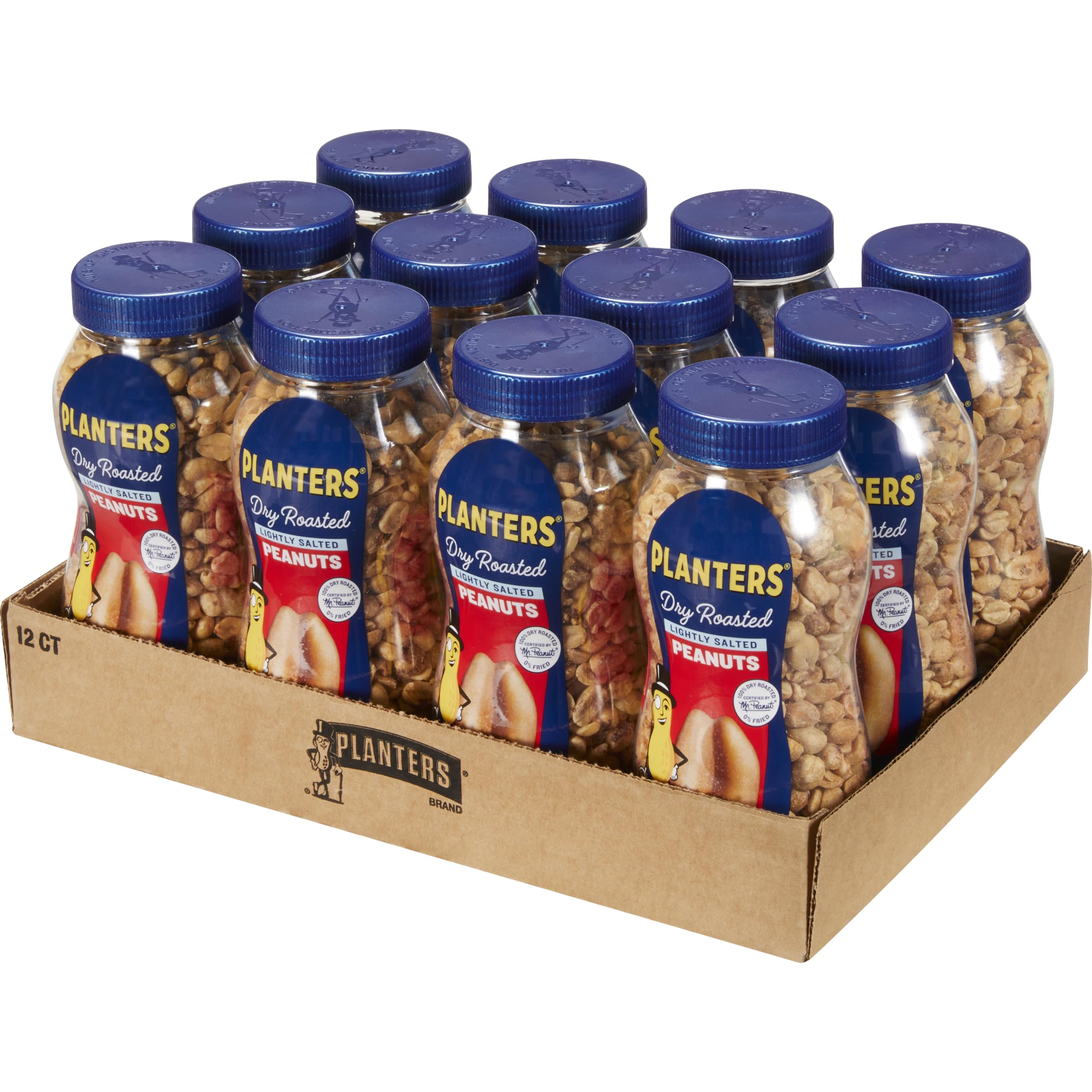 Planters peanuts in a 12-pack jar on a shelf, showcasing crunch