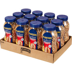 Planters peanuts in a 12-pack jar on a shelf, showcasing crunch