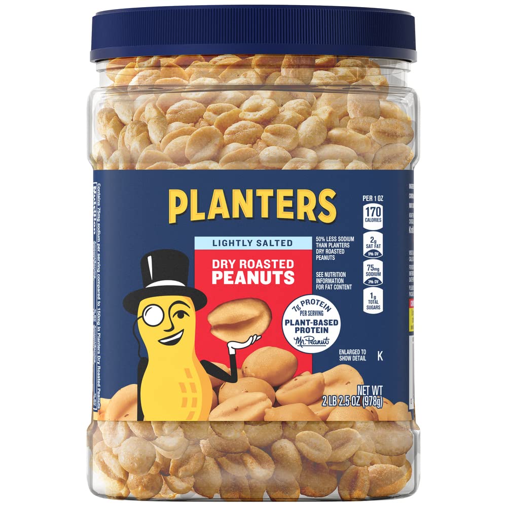 PLANTERS light salted peanuts in a canister showing resealability for fresh snacking.