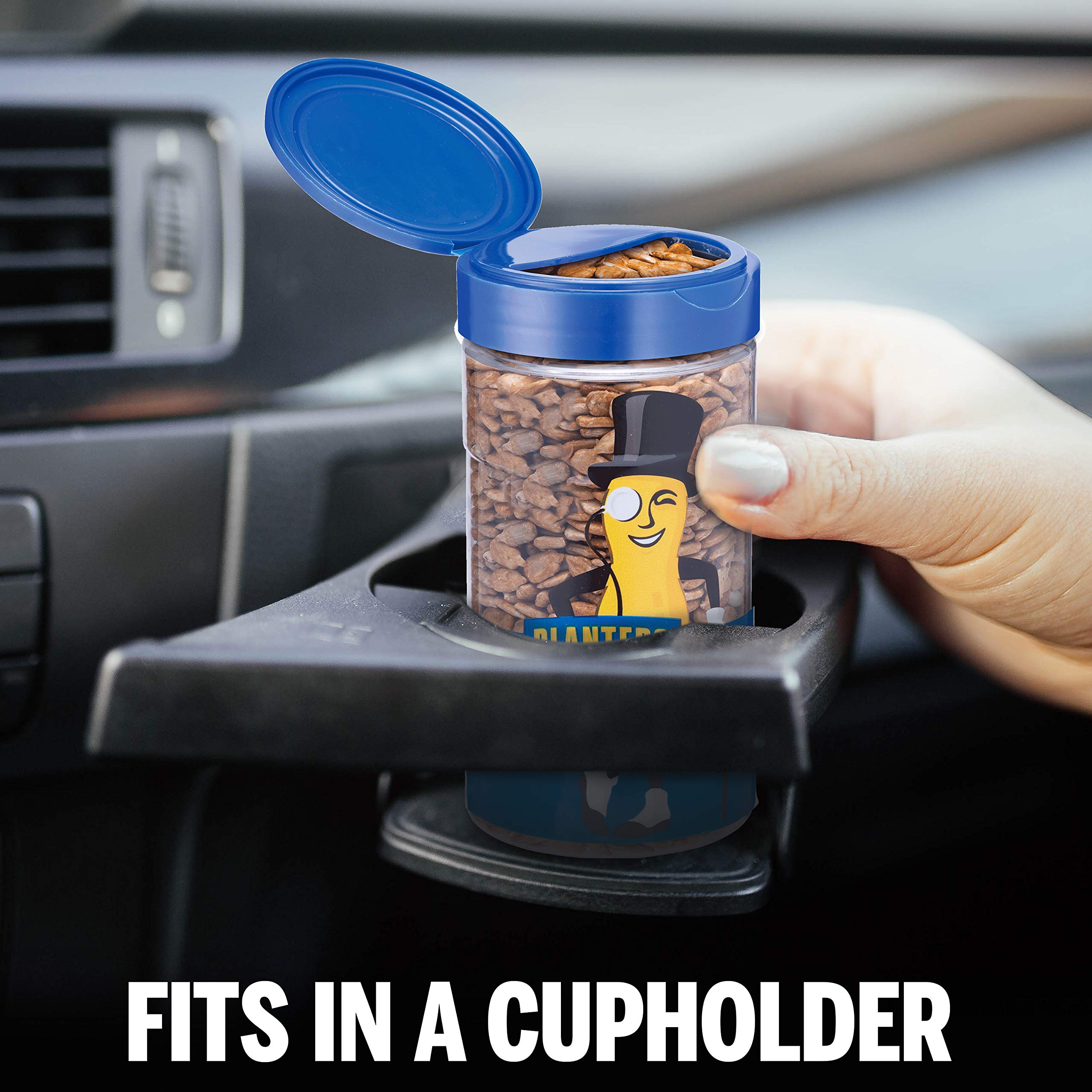 Planters Pop & Pour 4-pack fits car cup holders for easy access.