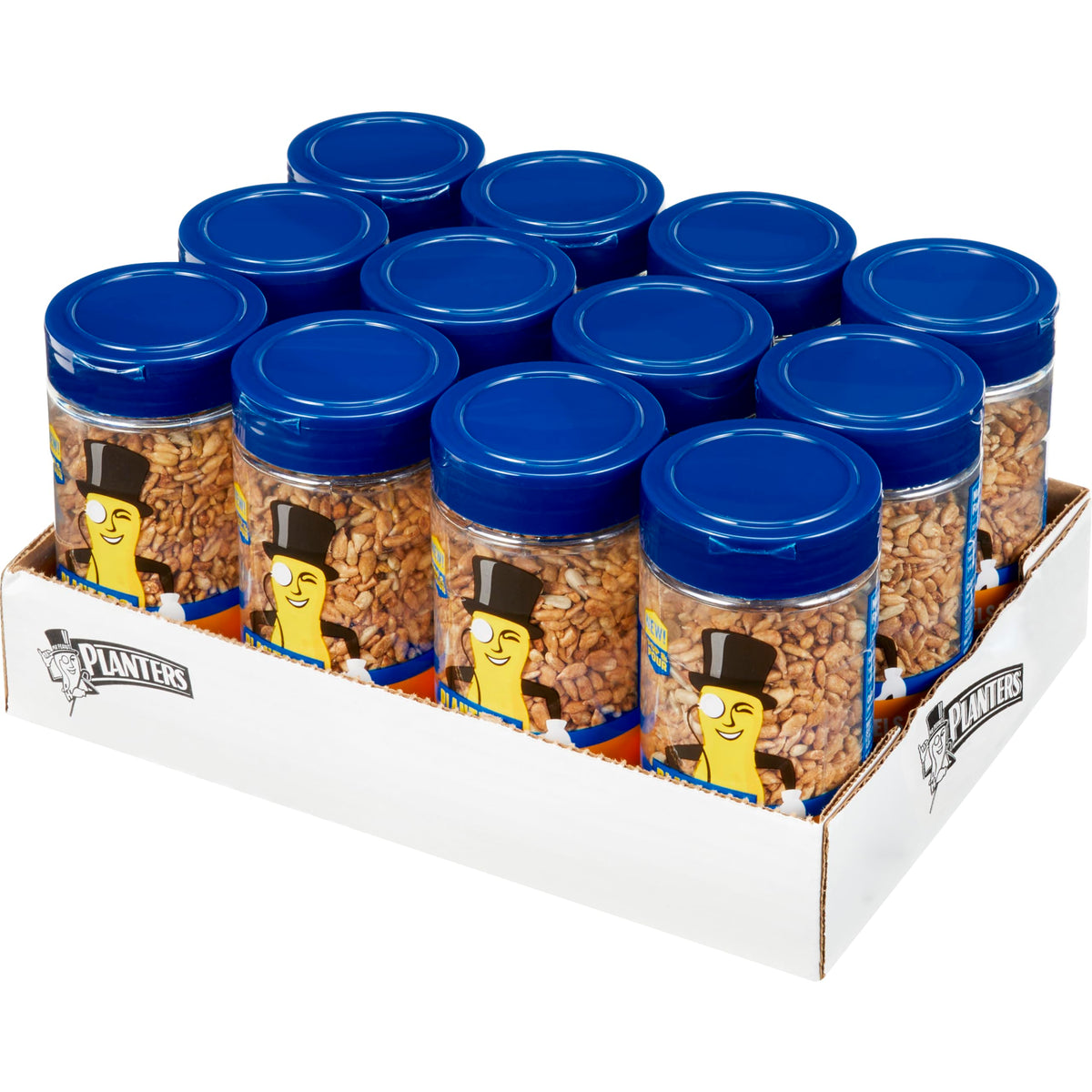Planters Pop & Pour dry roasted sunflower kernels in a jar for easy, mess-free snacking.