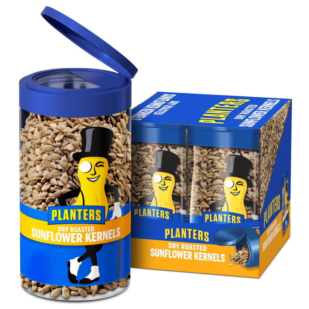 Planters Pop & Pour sunflower seeds in a resealable jar for on-the-go snacking.