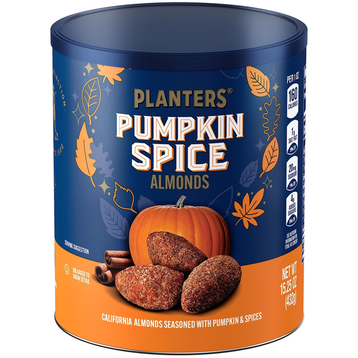 PLANTERS Pumpkin Spice Almonds canister with seasonal flavor, ideal for fall snacking.