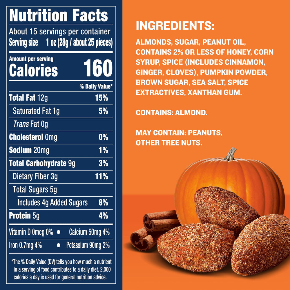 Close-up of real pumpkin dust on PLANTERS almonds for a festive coating.