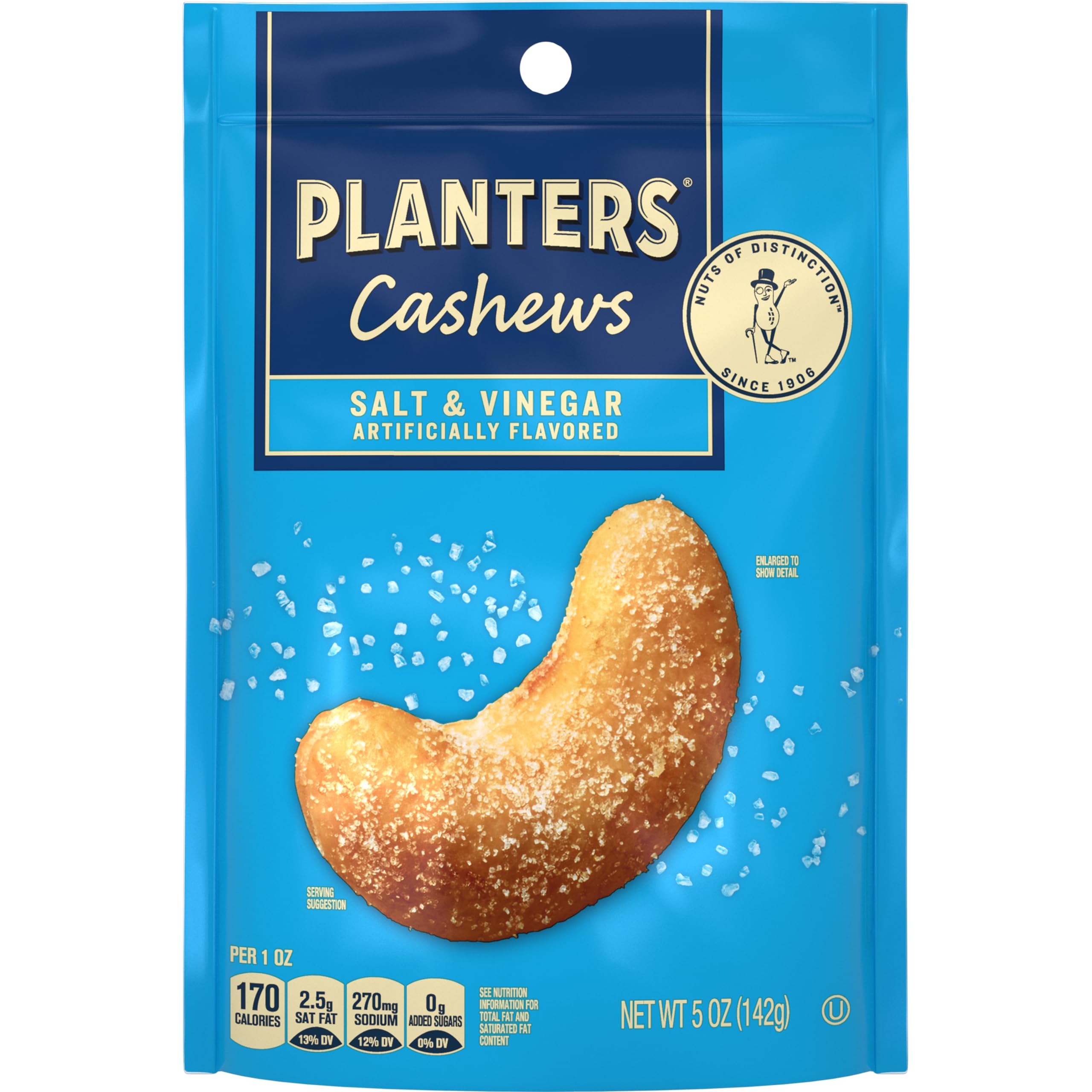 Planters Salt and Vinegar cashews bag front, tangy crunch ideal for on-the-go snacking.