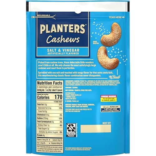 Planters Salt and Vinegar cashews label detail, premium snack quality.