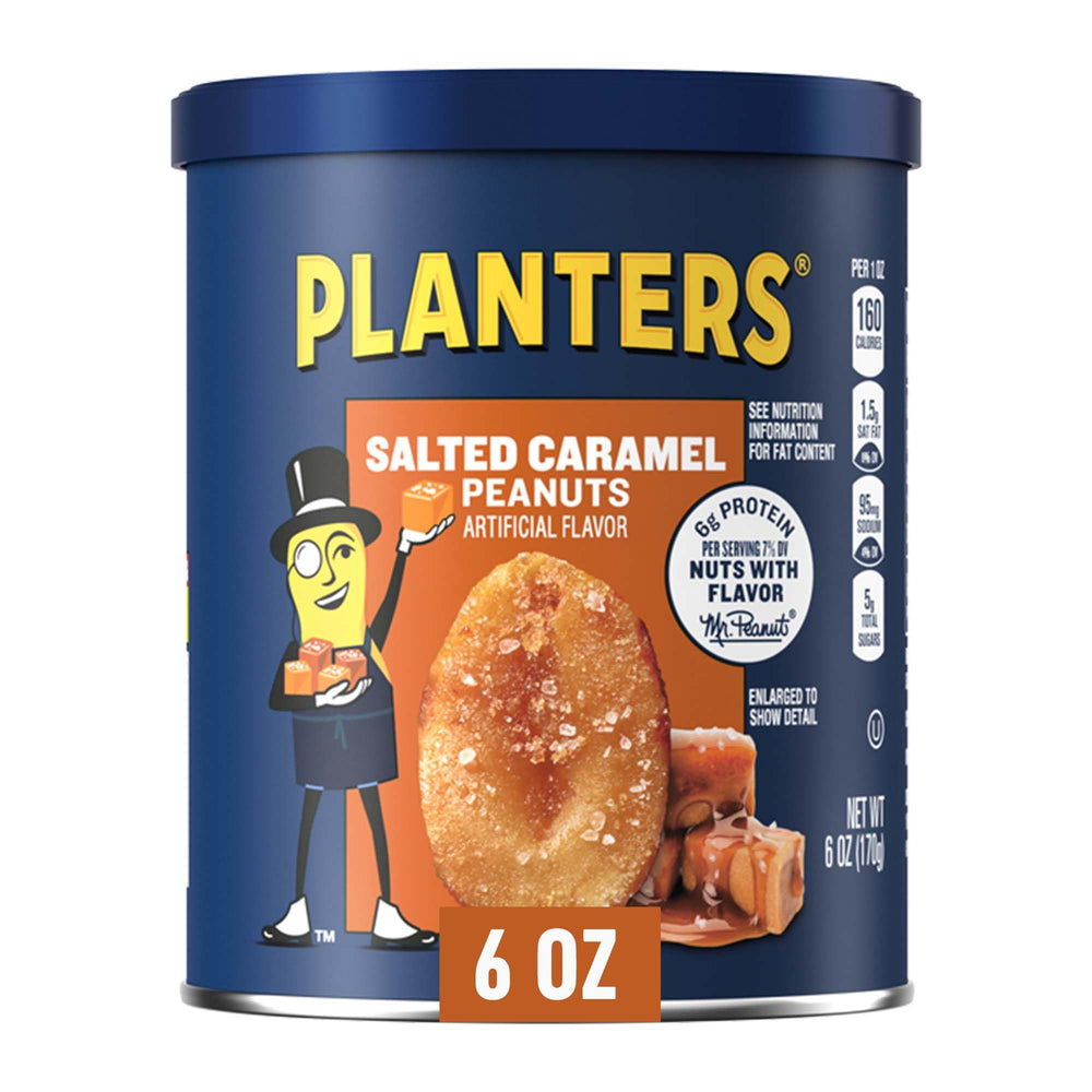 Planters Salted Caramel Peanuts eight-pack canisters for on-the-go snacking.