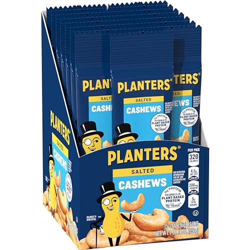 PLANTERS Salted Cashews showing 11g protein per serving for a fuel boost