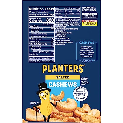 PLANTERS Salted Cashews packaging close-up with airtight seal preserving freshness