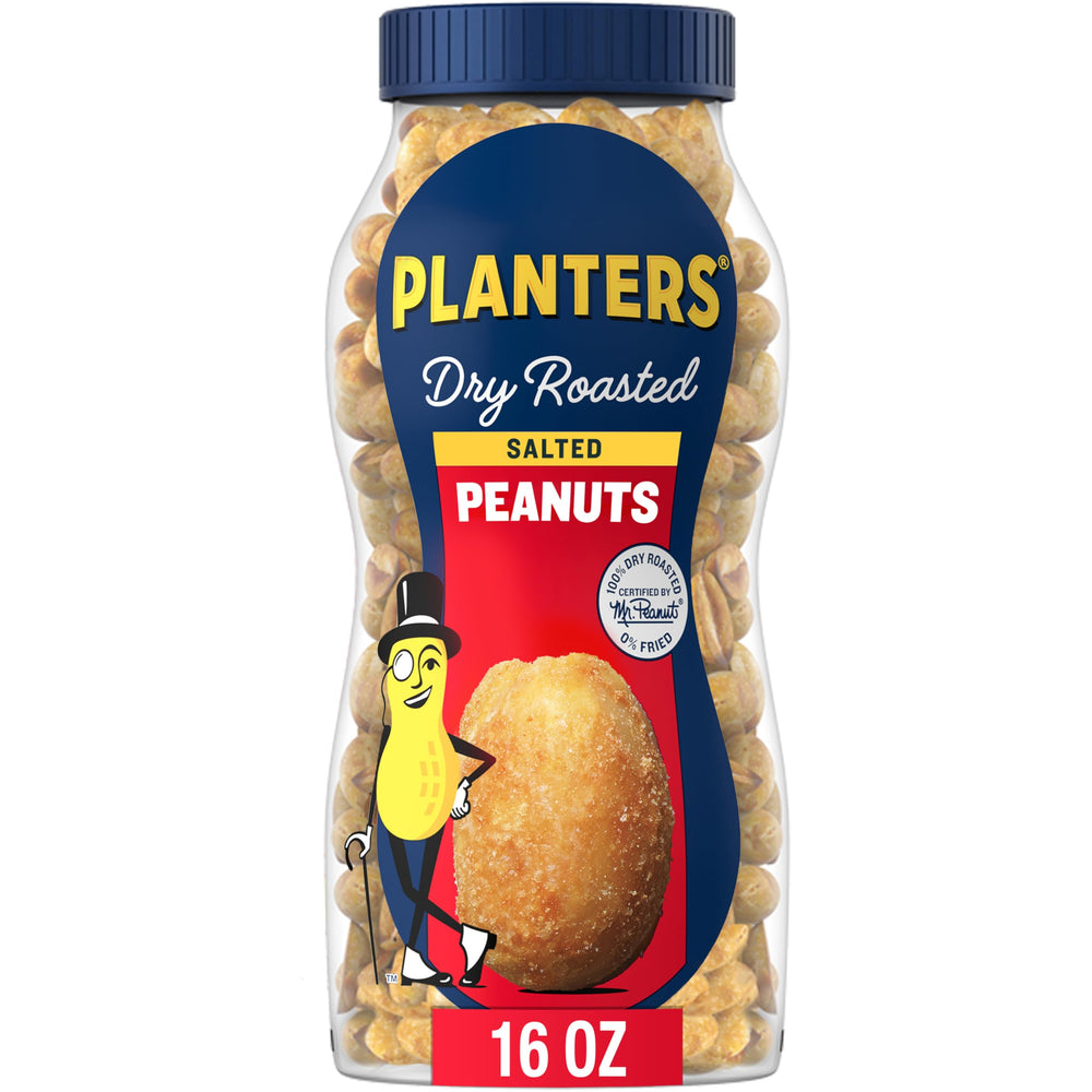PLANTERS salted dry roasted peanuts jar closeup showing crisp crunch and aroma