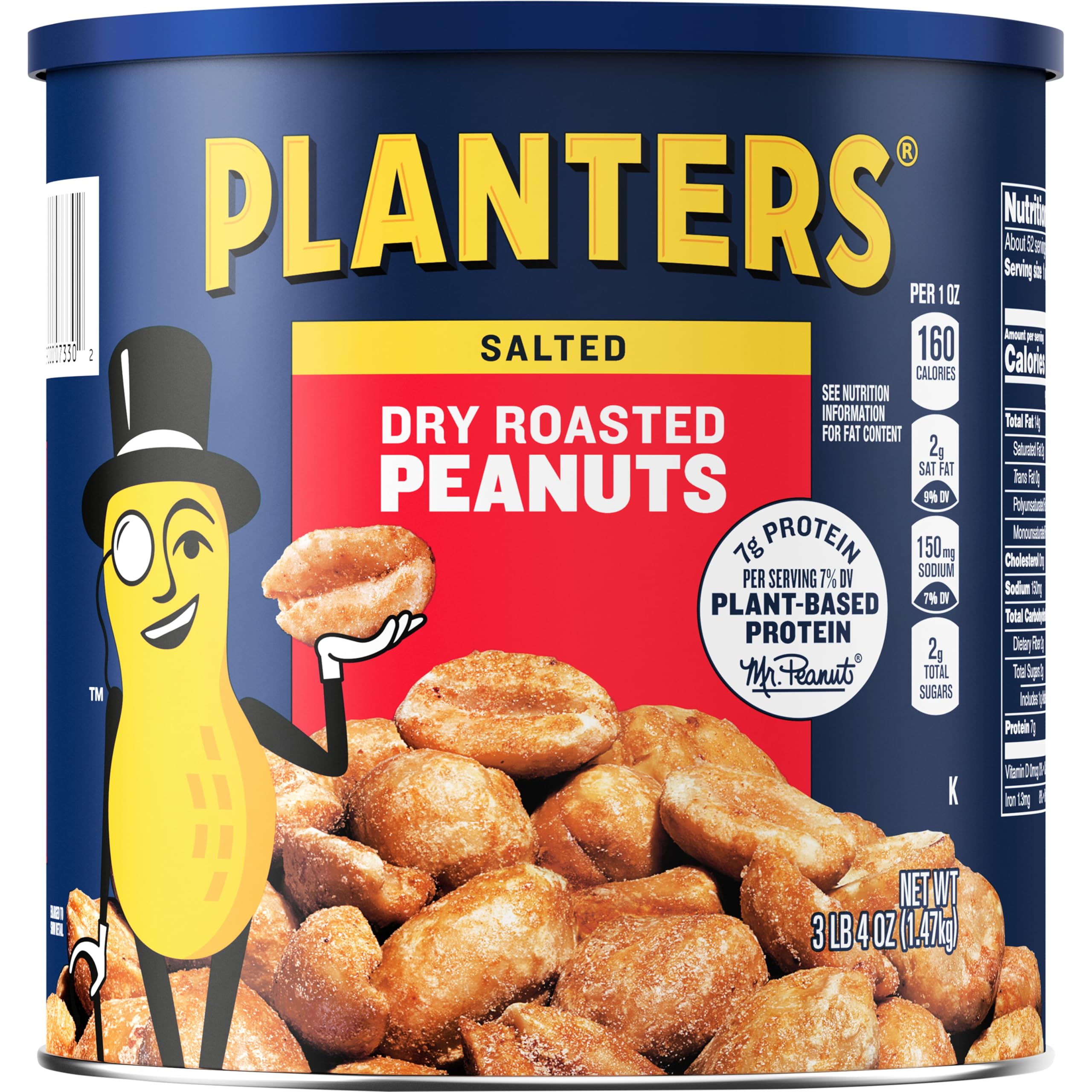 Planters Salted Dry Roasted Peanuts jar close-up, showcasing rich aroma and airtight freshness.