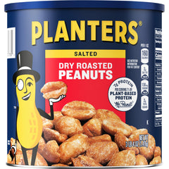 Planters Salted Dry Roasted Peanuts jar close-up, showcasing rich aroma and airtight freshness.