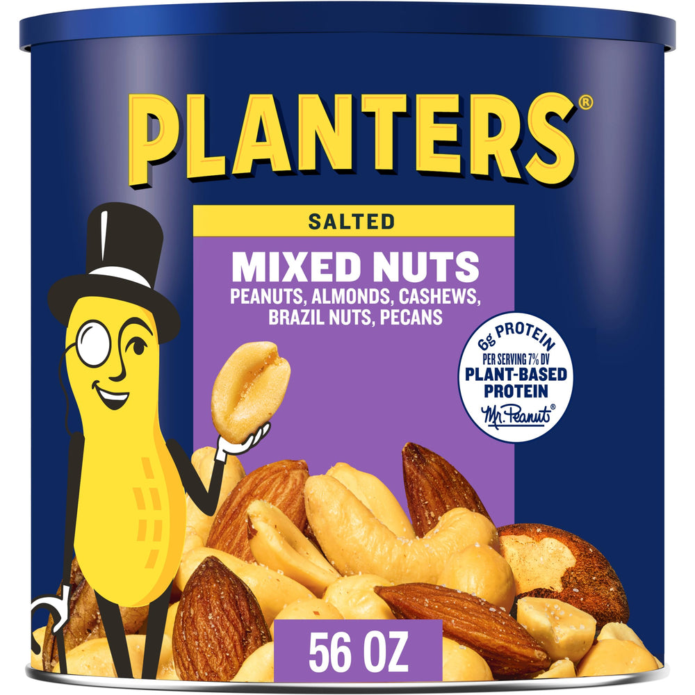 Planters Salted Mixed Nuts canister front view, resealable for fresh snacking.