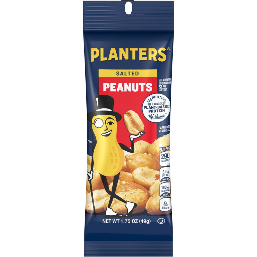 Planters salted peanuts in a 12-pack: convenient, crunchy on-the-go snack.