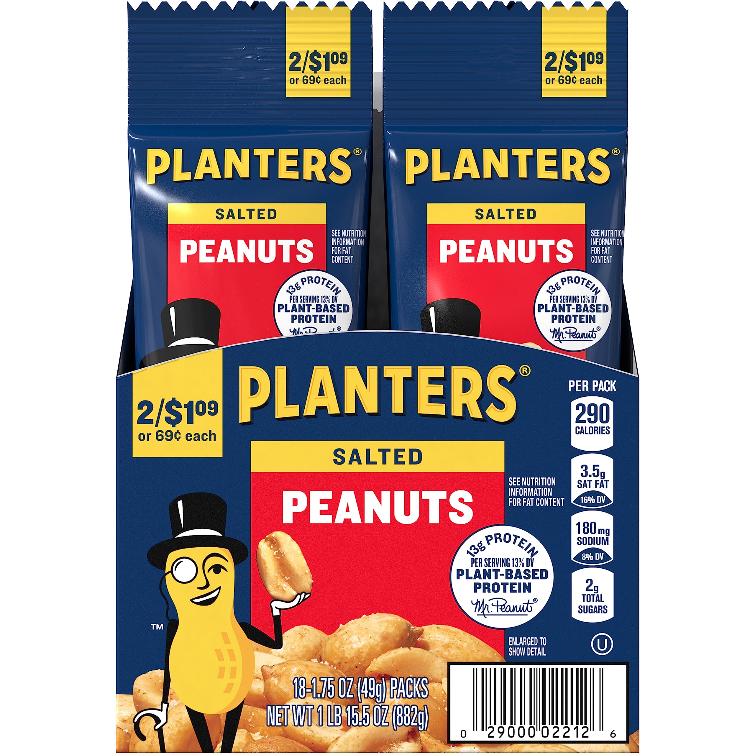 Planters Salted Peanuts 18-pack bag, convenient on-the-go snack.