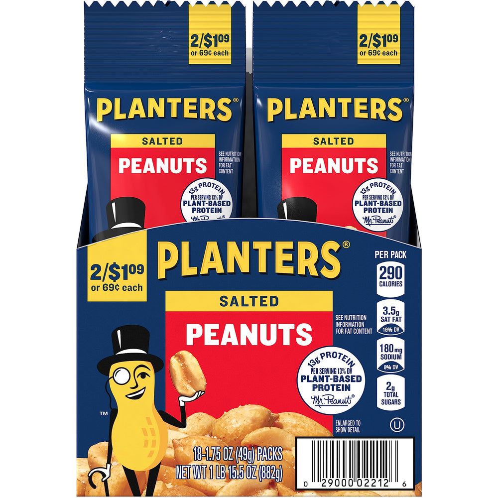 Planters Salted Peanuts 18-pack bag, convenient on-the-go snack.