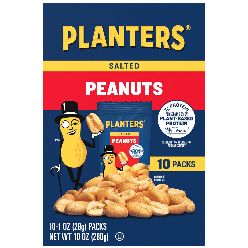 Planters Salted Peanuts 1oz packaging showing convenient single-serve packs for on-the-go snacking.