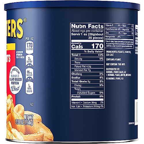 Planters Salted Peanuts canister front highlights classic roasted flavor