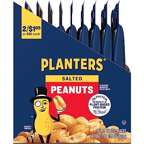 Planters Salted Peanuts deliver 13 g protein per serving.