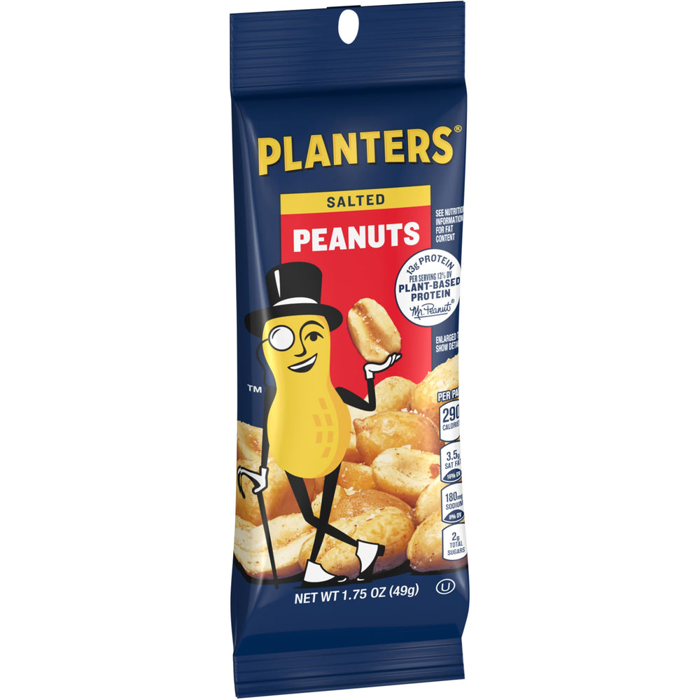 Planters salted peanuts deliver 13 g protein per serving.