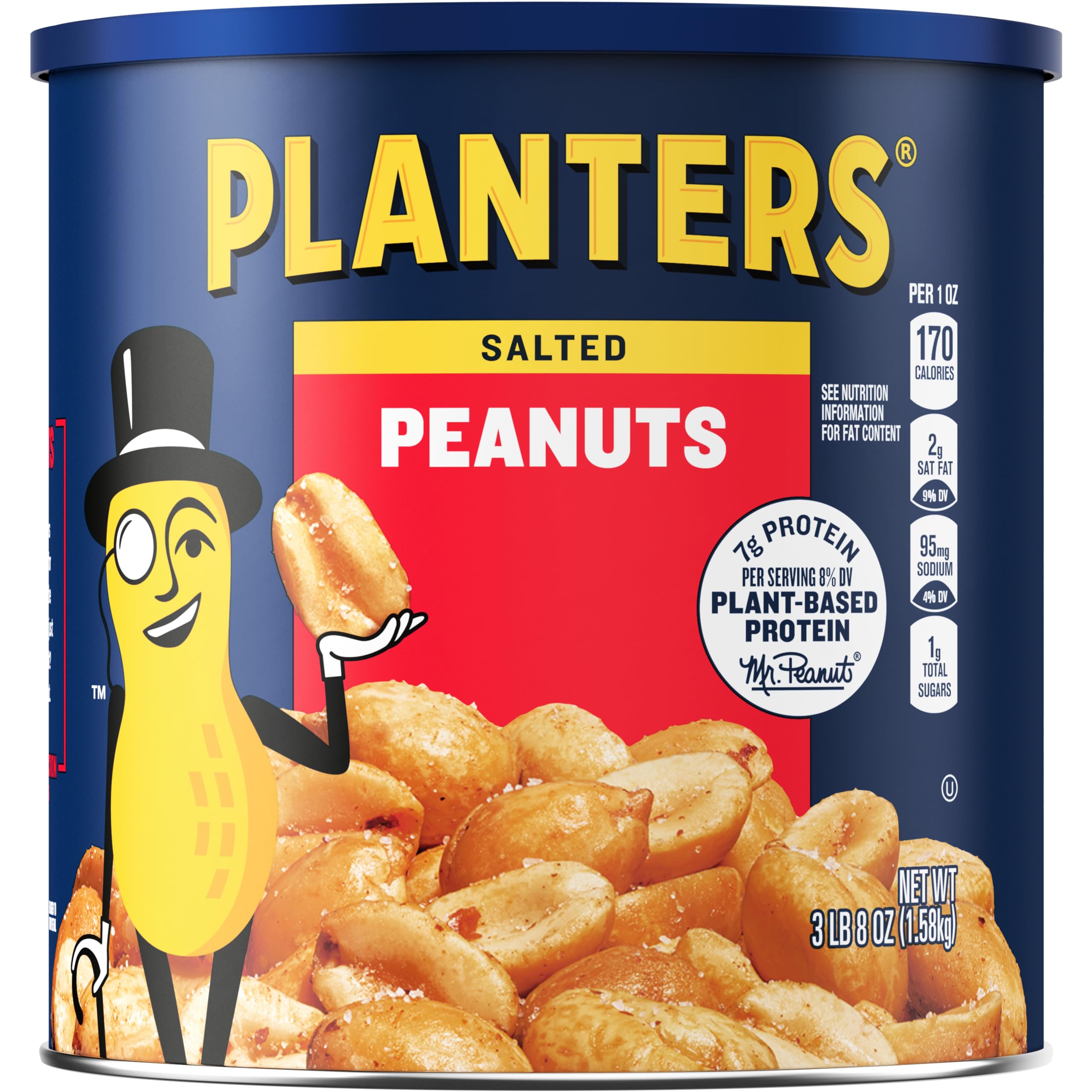 Planters Salted Peanuts six-canisters stack shows pantry convenience and protein-ready snacking