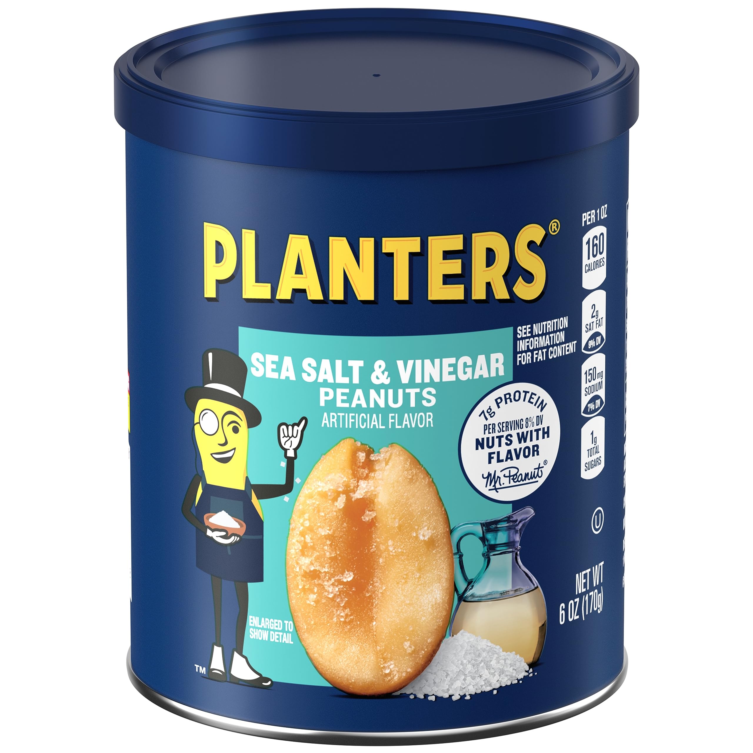 Planters Sea Salt & Vinegar Peanuts in a 6 oz canister for fresh, grab-and-go snacking.