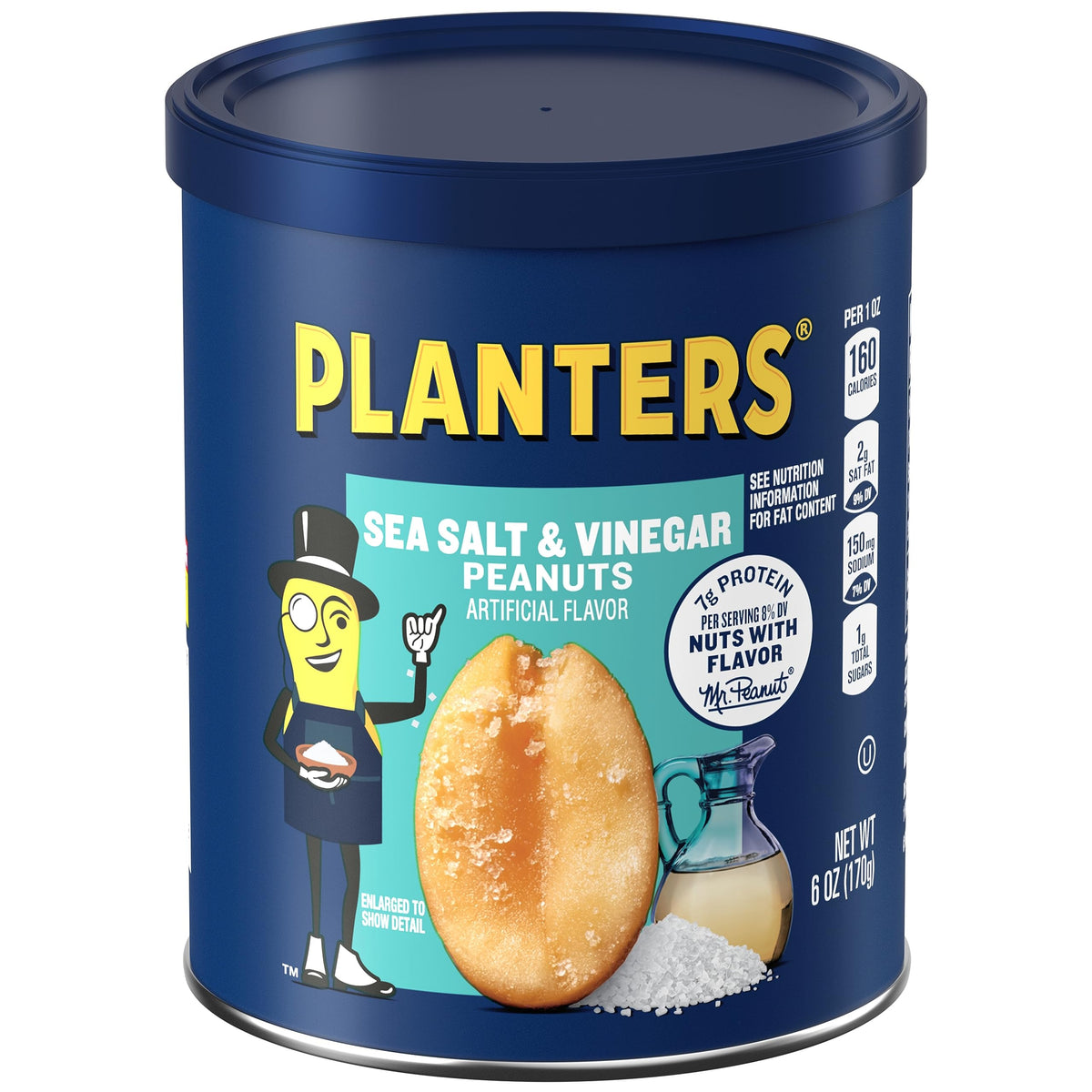 Planters Sea Salt & Vinegar Peanuts in a 6 oz canister for fresh, grab-and-go snacking.